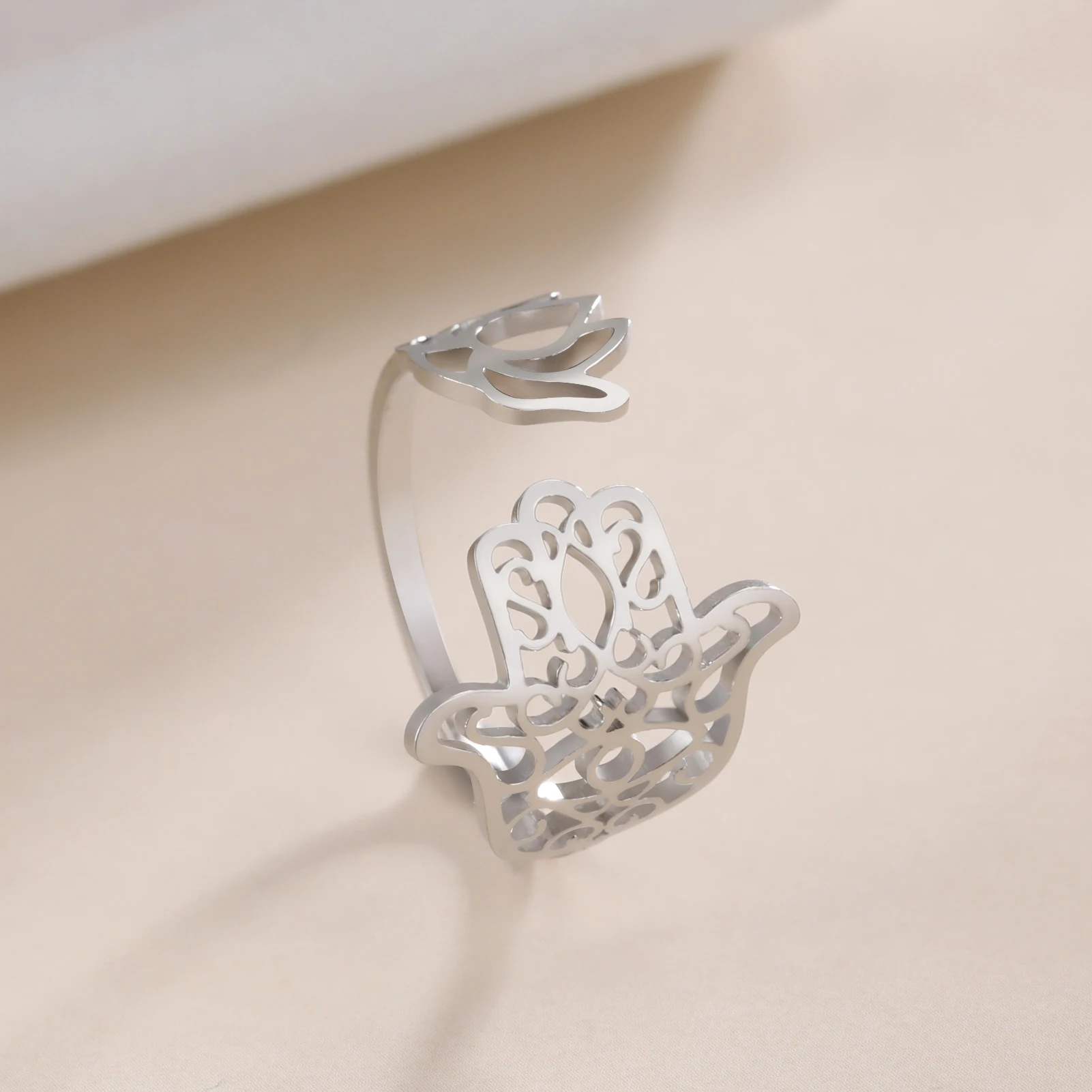 Skyrim Lotus Hamsa Hand Open Ring Women Stainless Steel Hand of Fatima Finger Rings Vintage Amulet Jewelry Birthday Gift New In