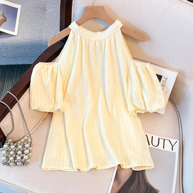 

Sweet round Neck Shoulder Bared Bubble Sleeve Top Women Summer Loose Fit Overhead Design Slimming Versatile Chiffon Shirt