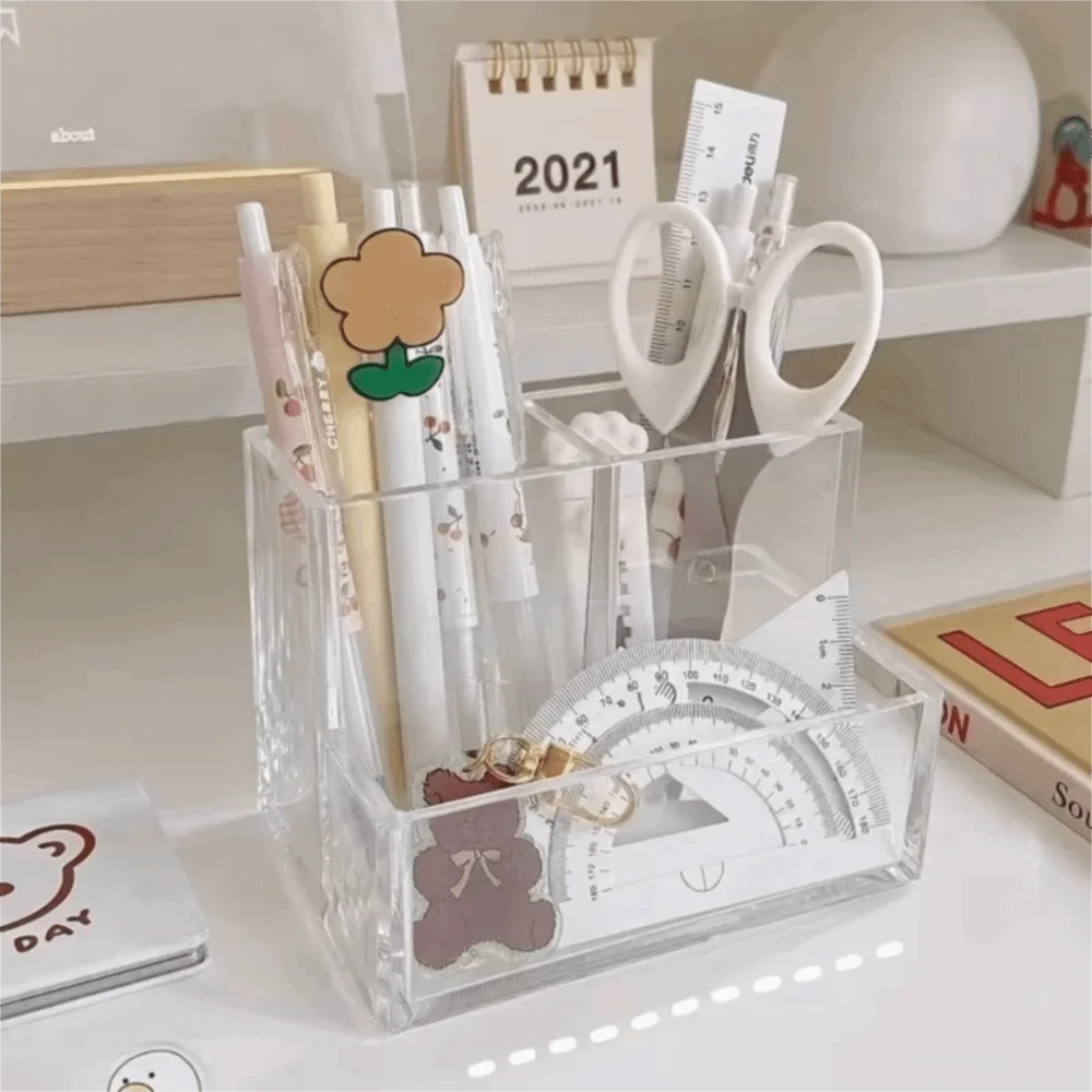 Table Organizer Transparent Pen Holder Acrylic Simplified Design Makeup Brush Holder Three Grid Storage Box Jewelry Storage