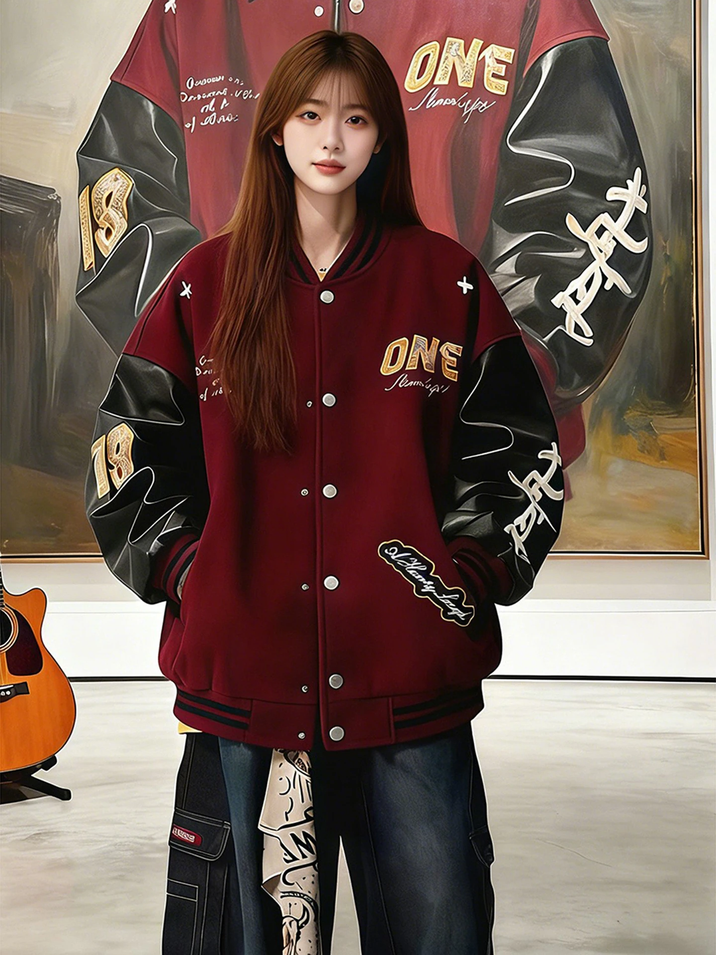 

American Sle Red Baseball Jaet Men's Spring Color Blo Leather Sve Embroidery Jaet Retro ex Couple's Jaet