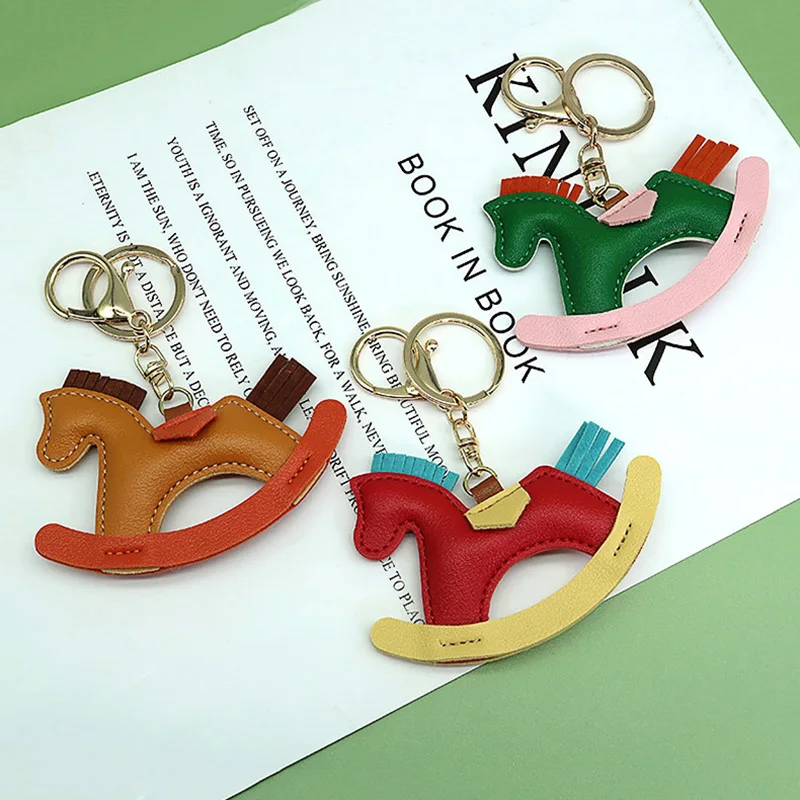 Women Leather Charms Bag Pendant KeyChain Cartoon Pony Rocking Horses Keyring Cute Animal Ornament Accessories Decoration Gift