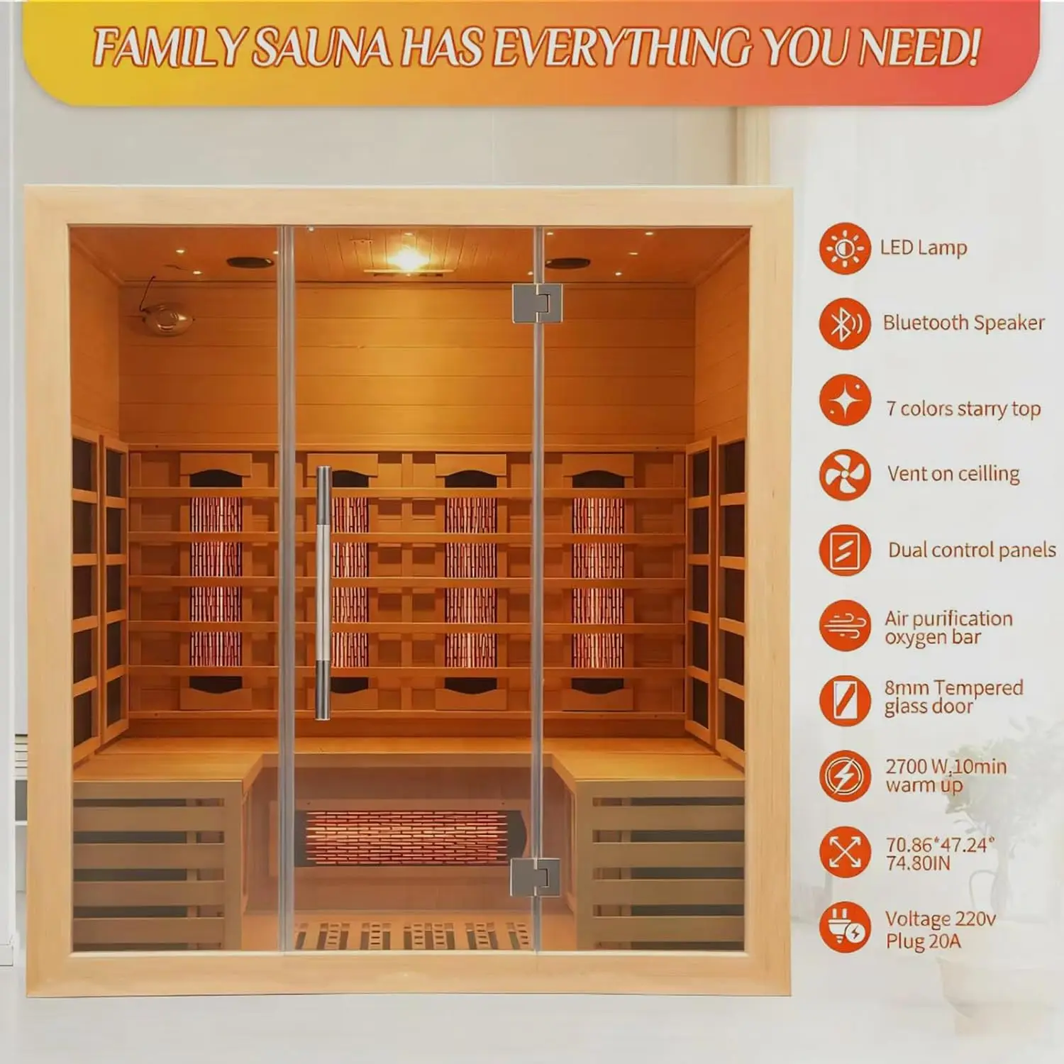 Full Spectrum Infrared Sauna 3-4 Person Indoor Home Canadian Hemlock Sauna Room With LED Reading Lamp, LCD Display-Control