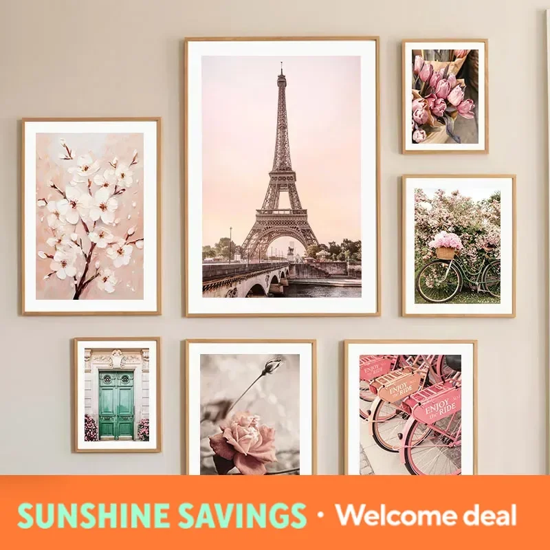 Pink Paris Tower Bicycle Cherry Blossom Rose Landscape Posters Prints Canvas Painting Nordic Wall Art Pictures Living Room De
