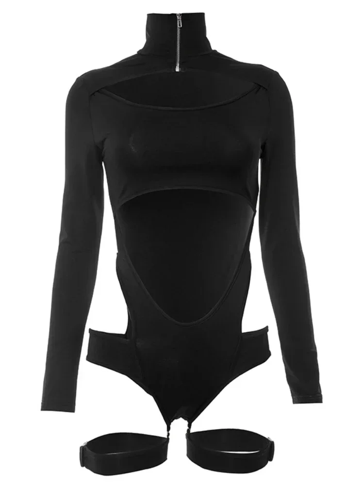 Aushöhlen Body Langarm Dessous Sexy Körper Feminino Zipper Kragen einteiliges Schwarz Tops Frauen Y2k Kleidung Rave Outfit