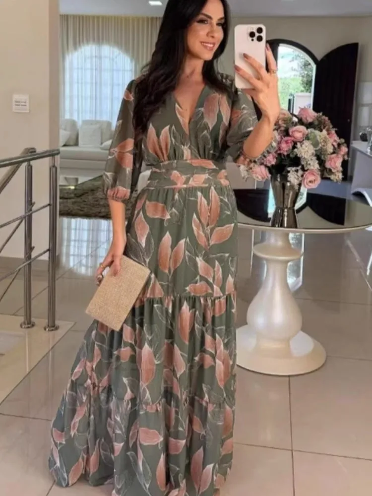 Fashion Printed Dress For Woman Spring Autumn Casual V-neck Half-sleeve Loose High Waist Robe Ladies Elegance Party Vestidos