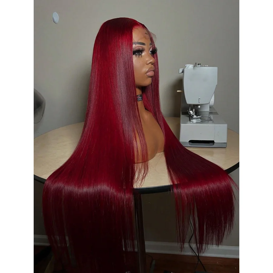 Burgundy 13x4 HD Transparent Lace Frontal Human Hair Wig Long Straight Red 99J Colored 200% Pre Plucked With Baby Hair For Women