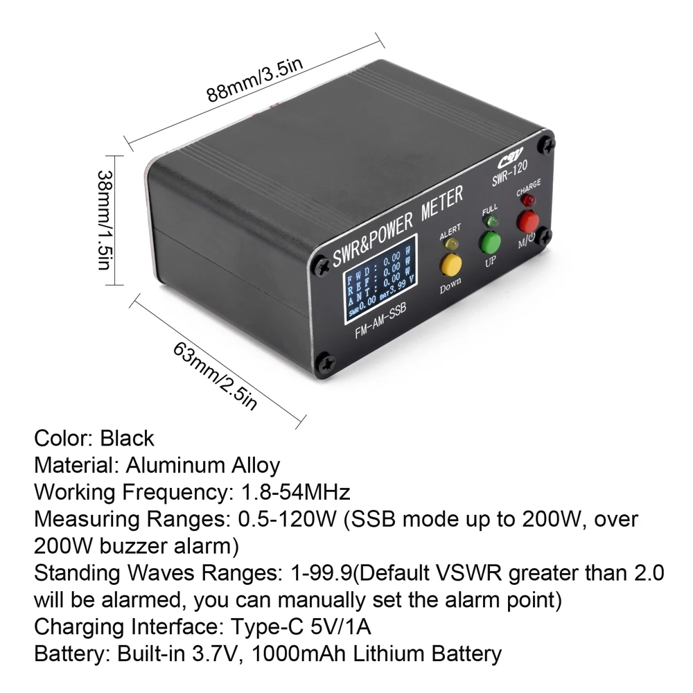 120W SWR Digital Power Standing Wave Meter 1.8-54MHz Shortwave Meter FM AM SSB Modes Power Meter Support SWR/Power Adjustable