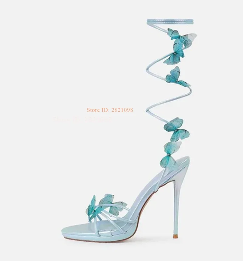 Light Blue Leather Open Toe Rhinestone Butterfly Embellished Strappy Heeled Sandals Stiletto Women Shoes Thin High Heels