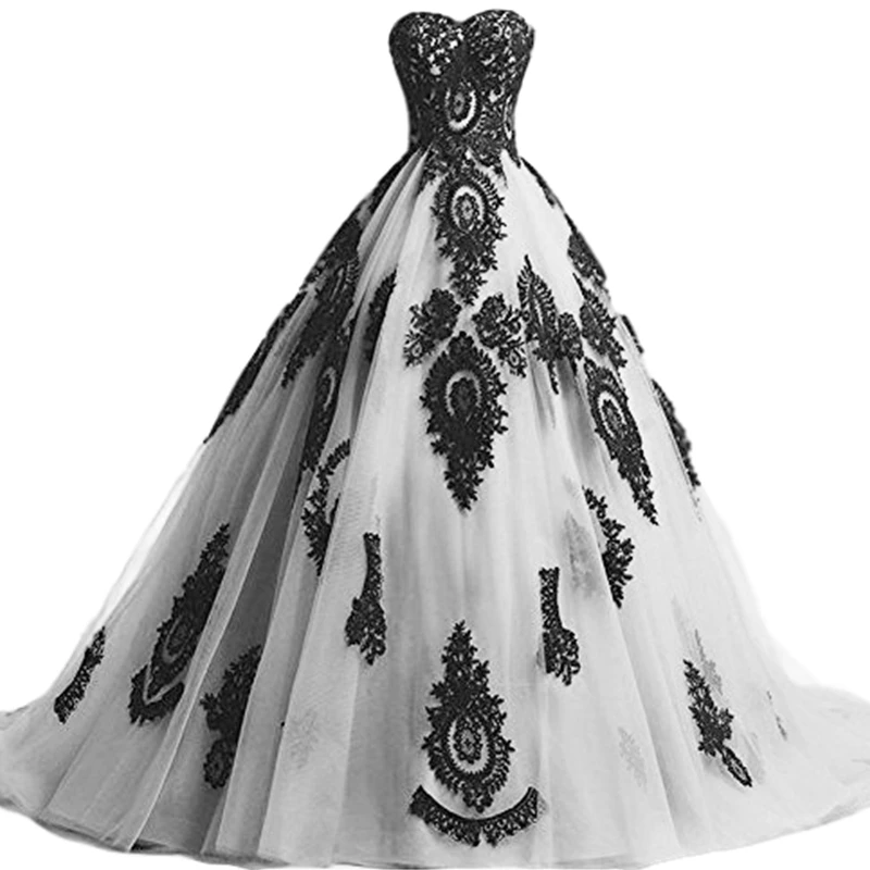 

Ivory And Black Gothic Wedding Dress Sweetheart Neckline Lace-Up Plus Size Long Bride Gown Pattern Lace Applique