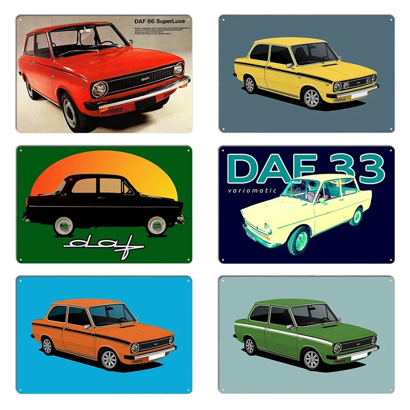 Daf 66 sedan marathon car illustration yellow with black stripes Metal Garage Plaques Bar Character Wall Decor Tin Sign Poster