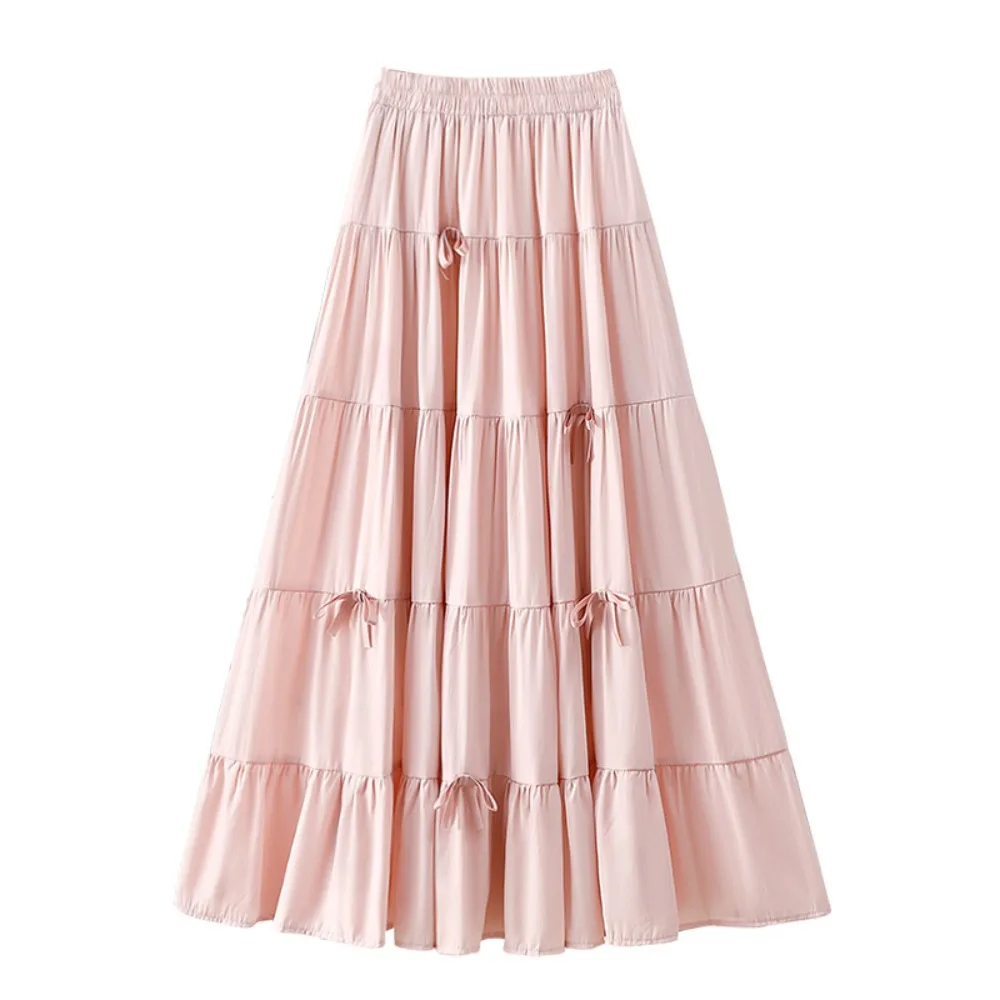

Bowknot Tiered Midi Skirt Pleated Hight Waist Long Cake A-line Skirts Solid Color Chic Seven Point Long Dress Spring Summer