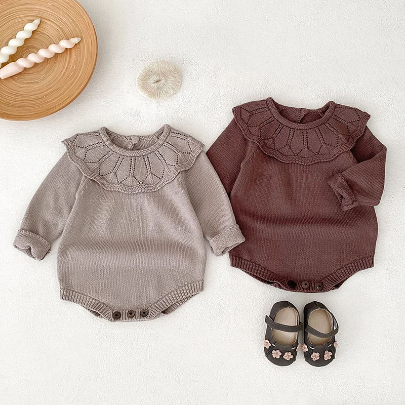 

2025 New Autumn 0-24M Baby Clothing Newborn Baby Girls Knitted Bodysuits Long Sleeved Solid Color Infant Baby Girls Jumpsuit