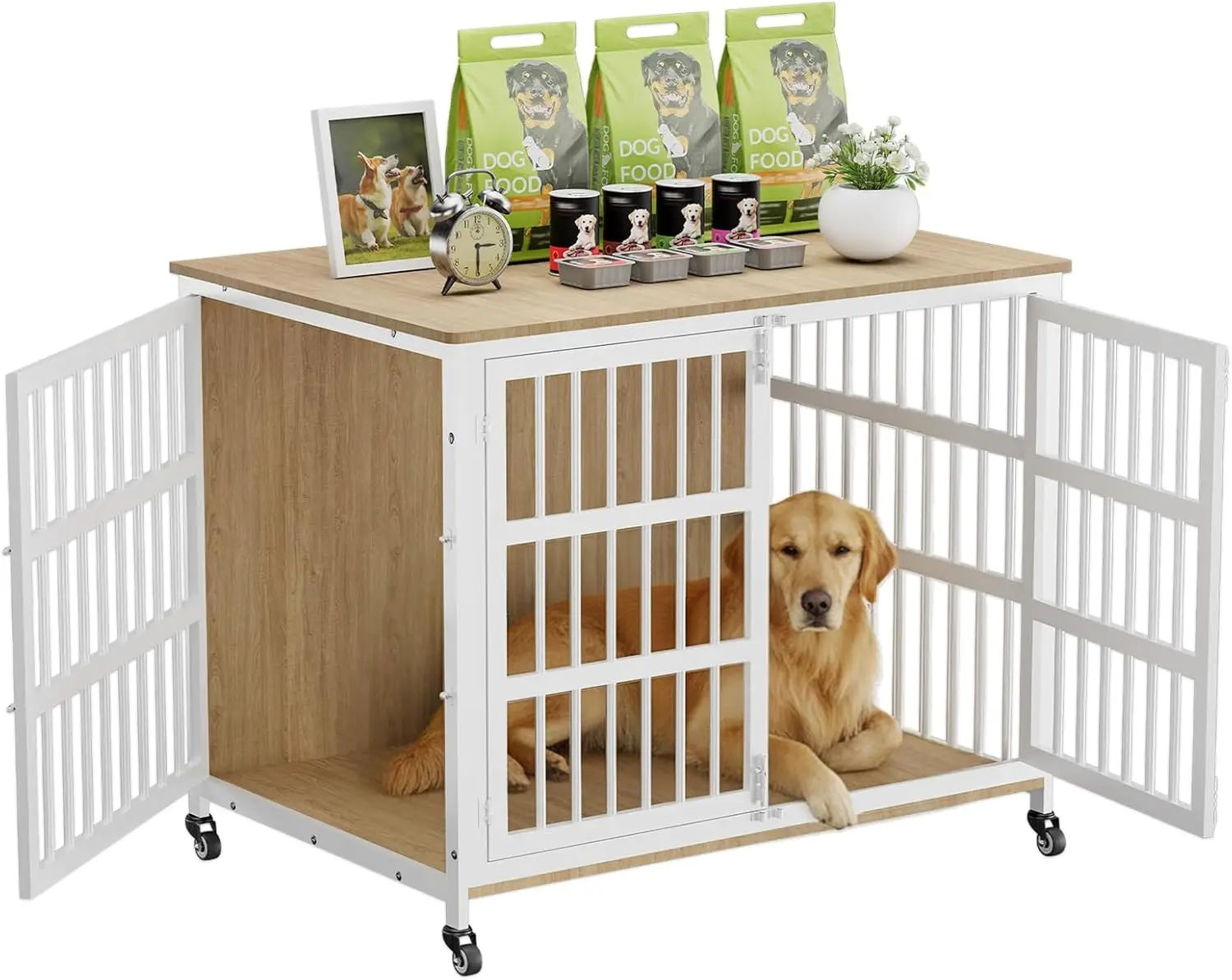 Indoor Dog Crate for Large & Medium Dogs, Metal, Natural and White, Chew-Resistant, Decorates House as TV Stand or End Table