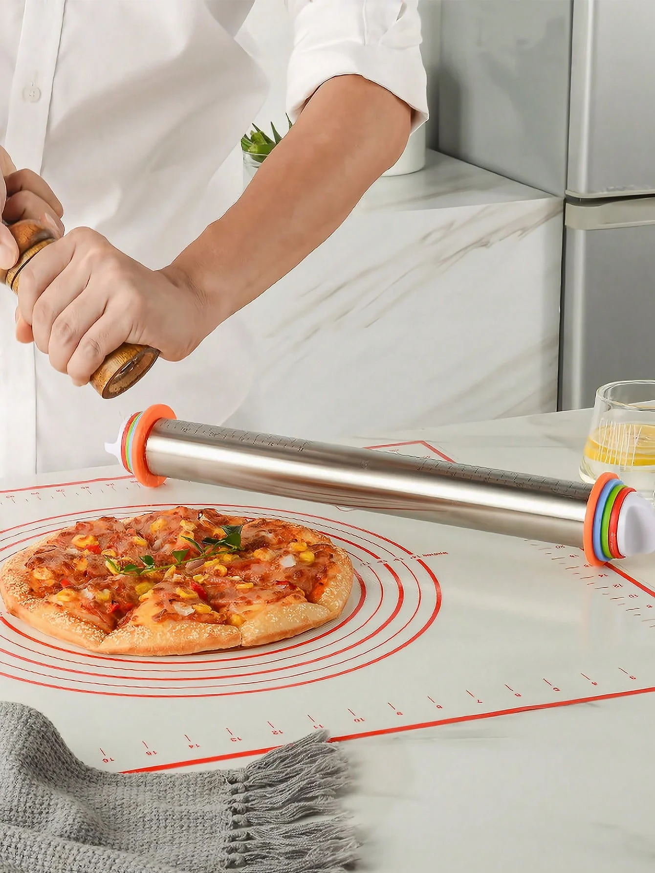 Adjustable Rolling Pin with 4 Thickness Rings, Stainless Steel Dough Roller Pizza Roller Handle Pressing Design with Measuring