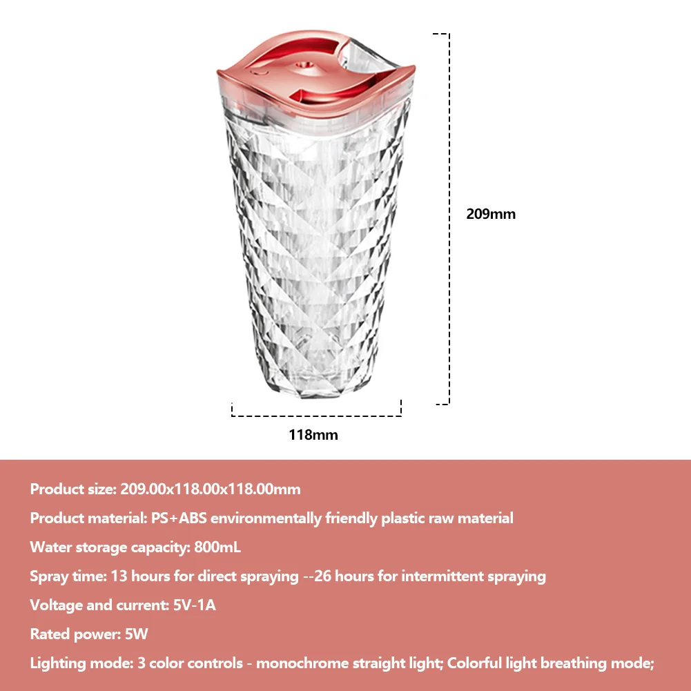 Humidificateurs à brume fraîche USB, sans bruit, veilleuse LED 7 couleurs, lampe de table en cristal, lampe de chevet, maison, bureau, yoga