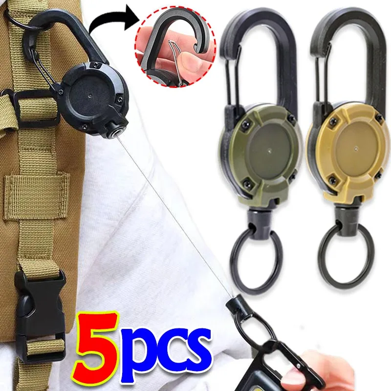 1/5pcs Heavy Duty Retractable Pull Badges ID Reel Carabiner Key Chain Steel Wire Rope Buckle Key Holder Outdoor Keychain Tools