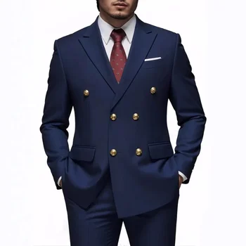 Men Double Breasted Suit Black Slim Fit High Quality Wedding Costume Party Prom Gold Button Male Suits 4