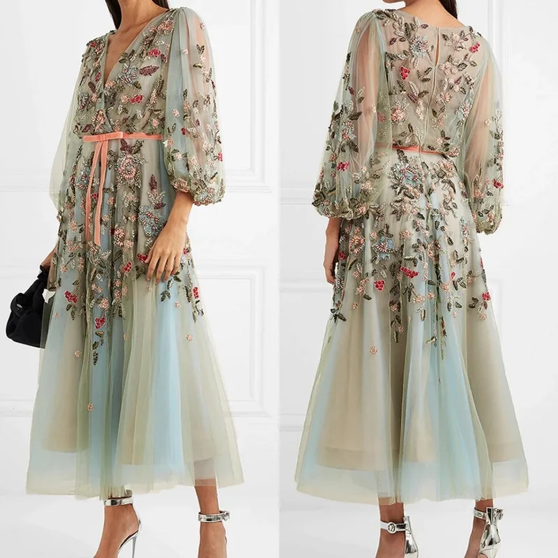 Cleeshuo-Robe de Soirée Trapèze en Tulle à Manches sulf, Tenue de Bal Moderne, Plissée, avec Appliques, Col en V, Longueur Rinse