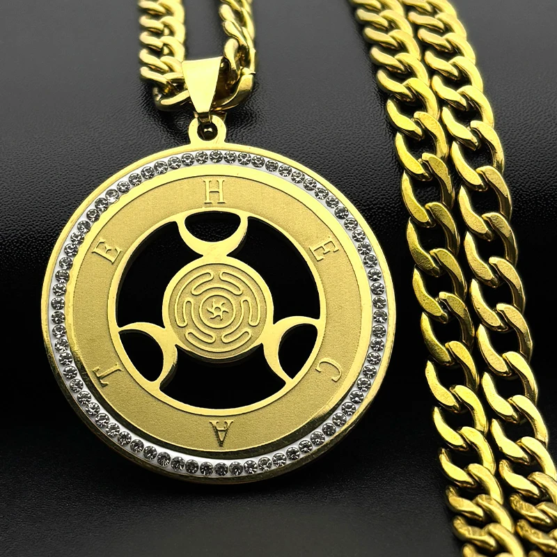 Wicca Triple Moon Goddness Hekate Wheel Stainless Steel Pendant Necklace Strophalos Hecate Magic Symbol Charm PIN Jewelry Gift
