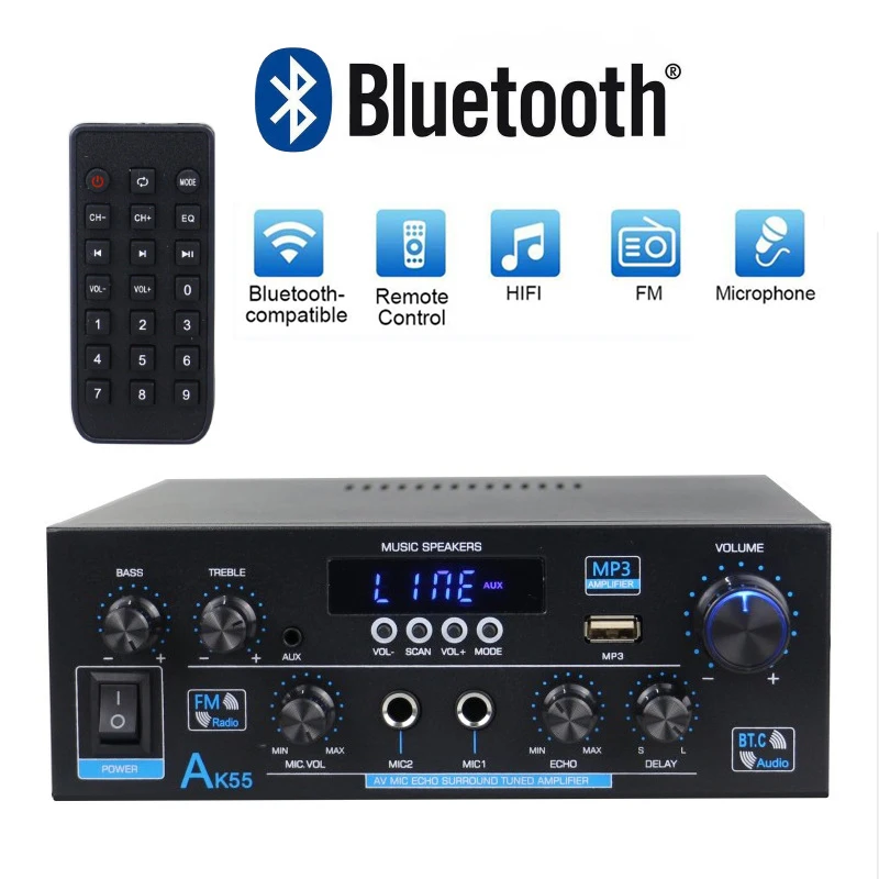 AK55/AK45/AK35 Amplificadores Digitais Bluetooth, 2 Canais, HiFi Stereo, Amplificador de Som para Casa, Carro, Karaoke, FM, USB, AMP, Controle Remoto