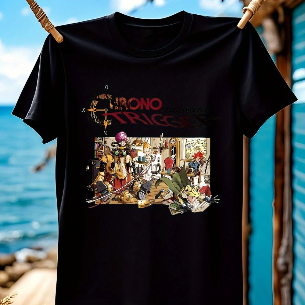 Camiseta masculina Chrono Trigger Retro Gaming com arte de personagem clássico dos anos 90, camiseta nostálgica de RPG, uma camiseta masculina indispensável para o verão