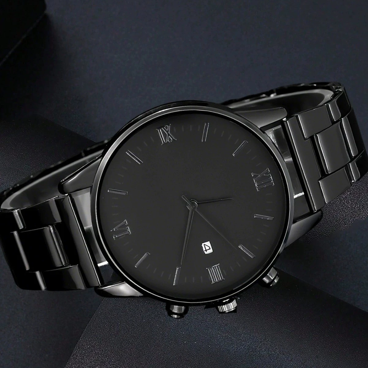 4pcs/set, 2024  Men's Simple Pointer Round Black Calendar Quartz Watch and Black Cross Pendant Necklace, Ring, Bracelet (NO BOX)