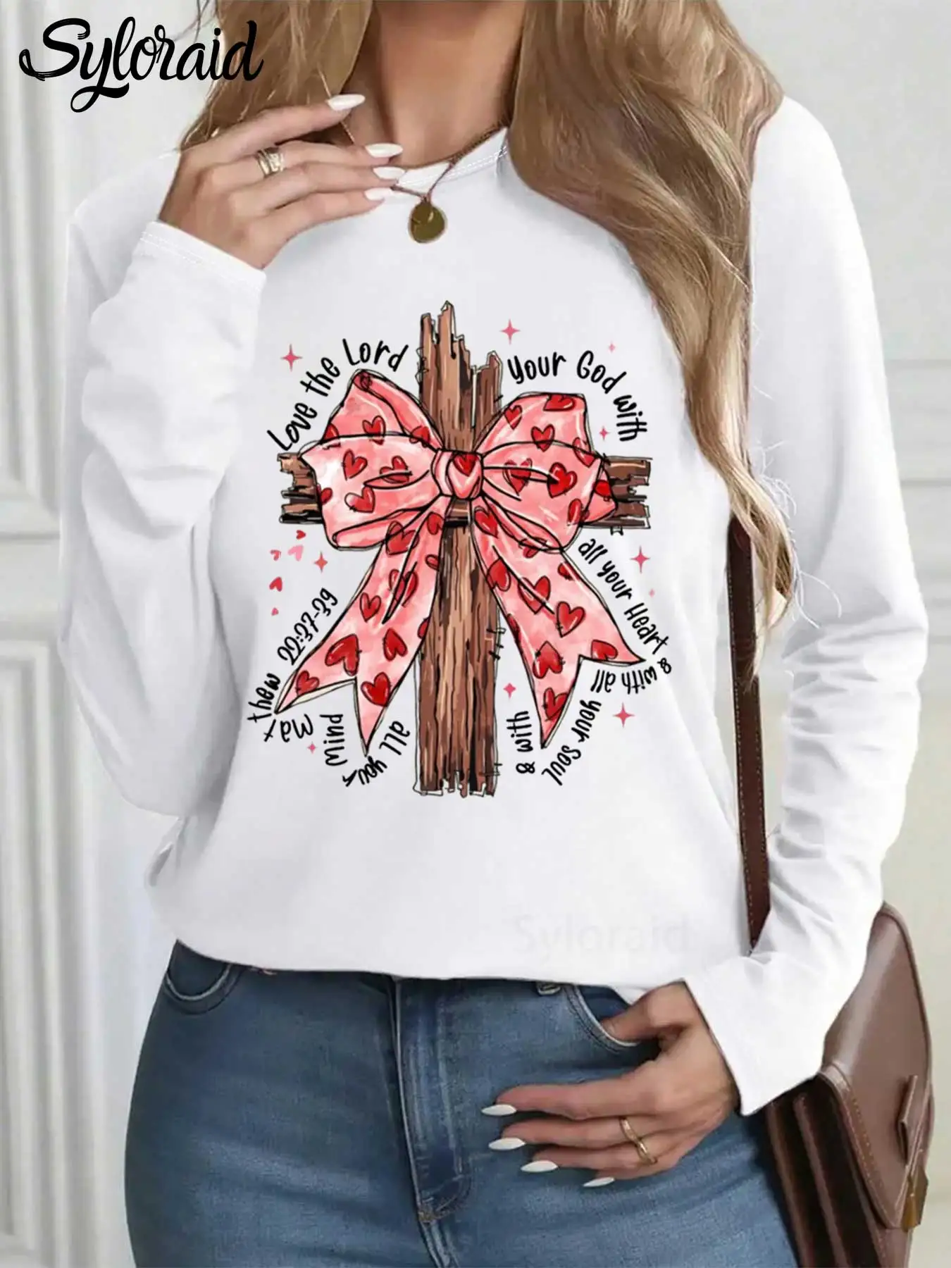 

Women's Long Sleeve T Shirt Christian Valentine's Day Bow Cross Print T Shirt Fashion Round Neck Casual Top