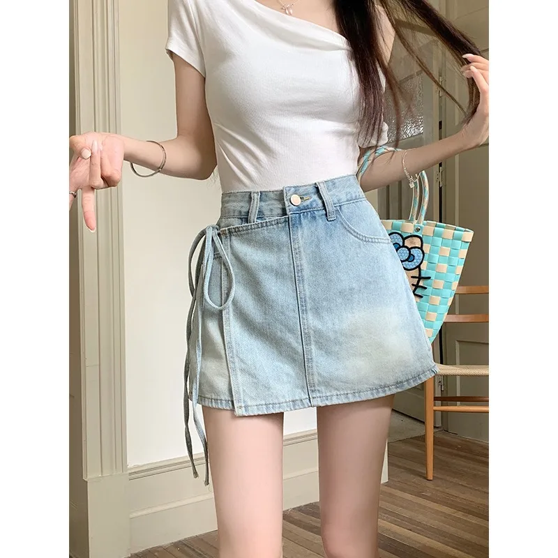 

Two Pairs Denim Short Pants and Skirts for Women in Summer High-waisted and Irregularly Designed Lace-up Culottes Petite Girls