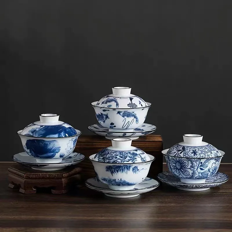 

Blue and White Pottery Sancai Kung Fu Cover Bowl Tea Set Tea Making Ware Ceramic Personal Tea Cup Vintage Household Cover Bowl