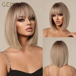 GEMMA Synthetic Straight Wig Short Light Brown Ombre Bob Wigs with Bangs for Black Women Heat Resistant Cosplay Daily Use Hair