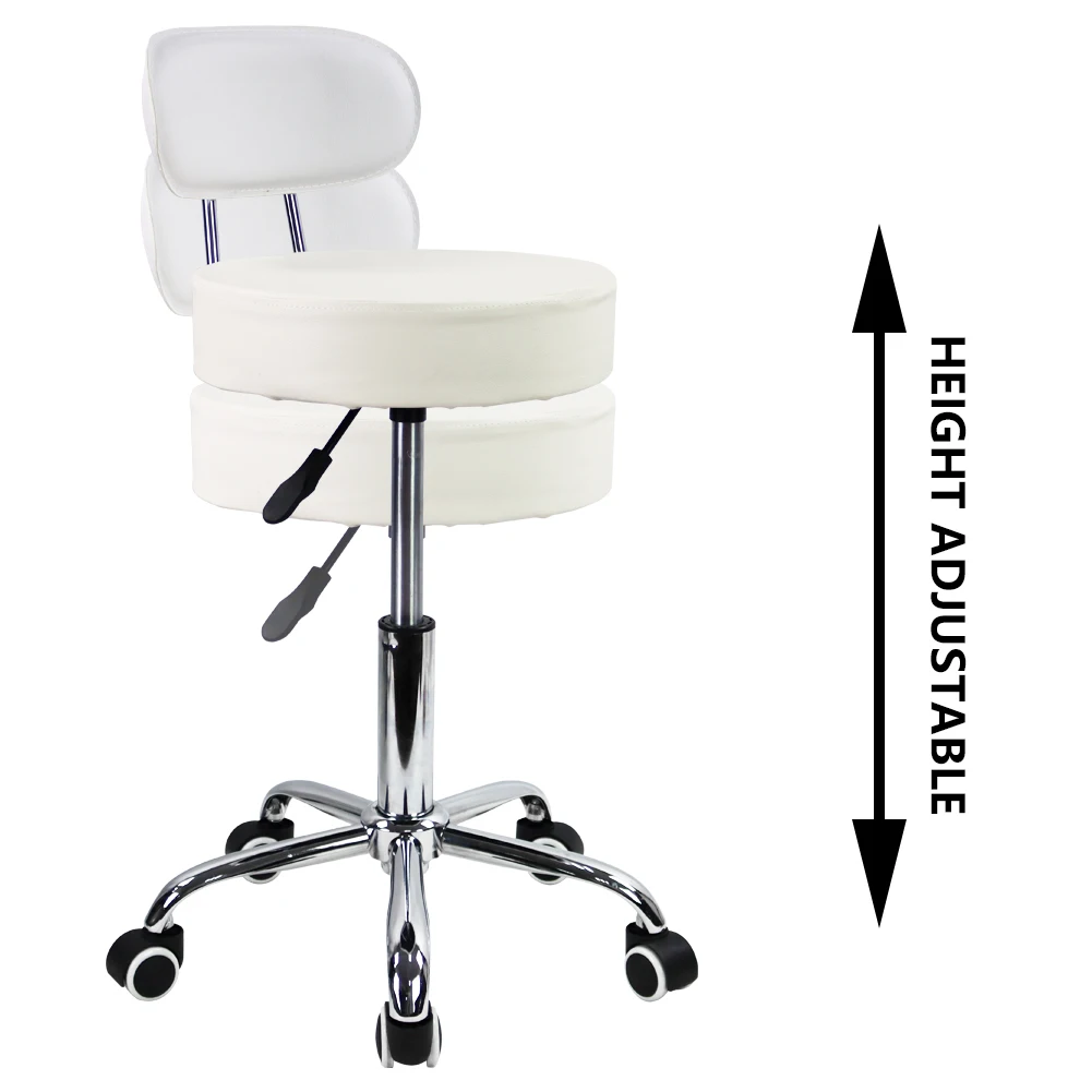 KKTONER Taburete con ruedas de cuero PU con respaldo medio, altura ajustable, silla de trabajo giratoria para oficina y hogar con ruedas, color blanco