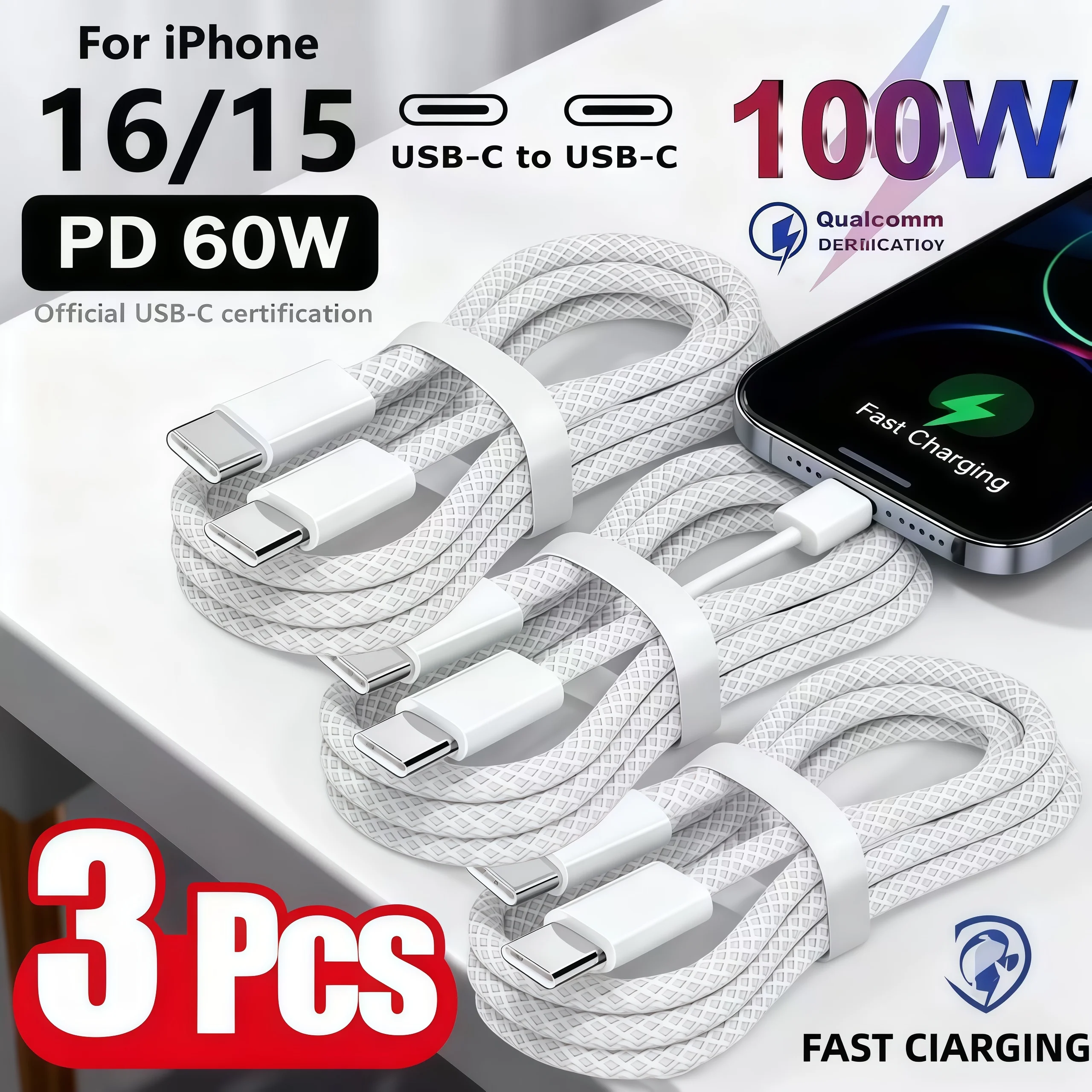 2026 New 3PCS 60W USB-C to C-type cable, suitable for IPhone15 16 Pro PD 60W Xiaomi Samsung fast charging braided data cable