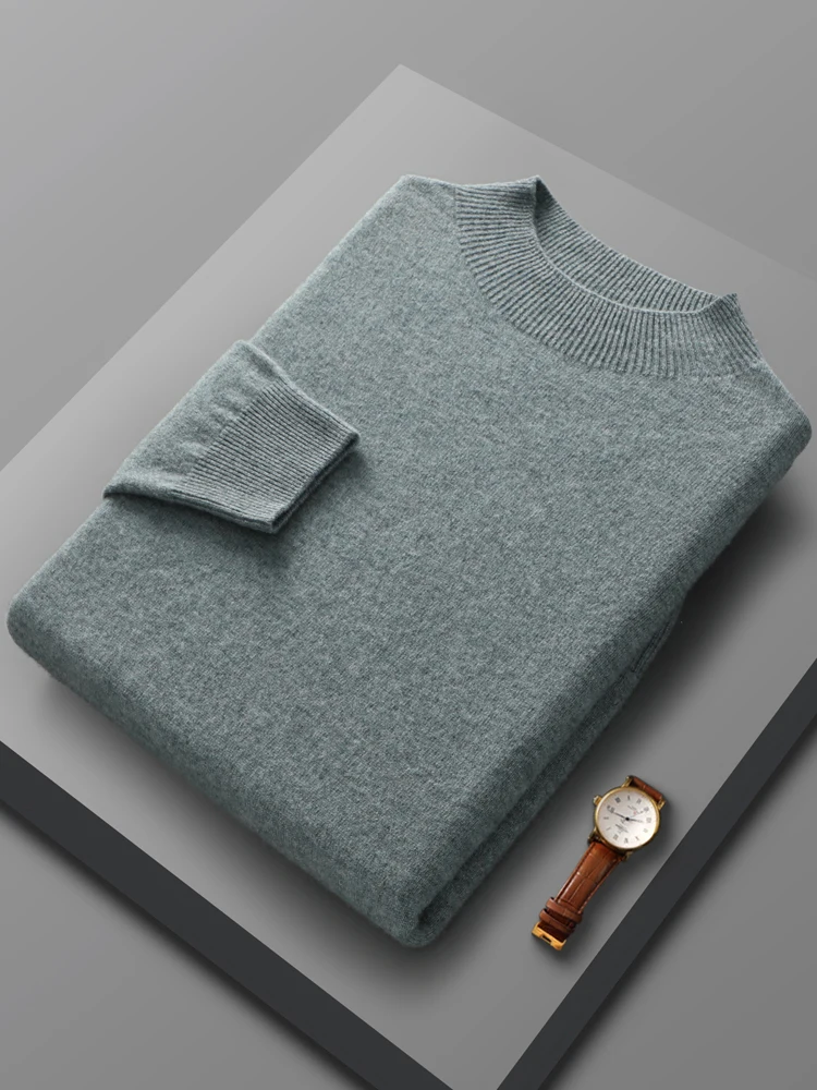 Spring Autumn 100% Merino Wool Pullover Men\'s Mock-Neck Sweater Long-sleeve Cashmere Knitwear Jumper Men\'s Clothing Grace Tops