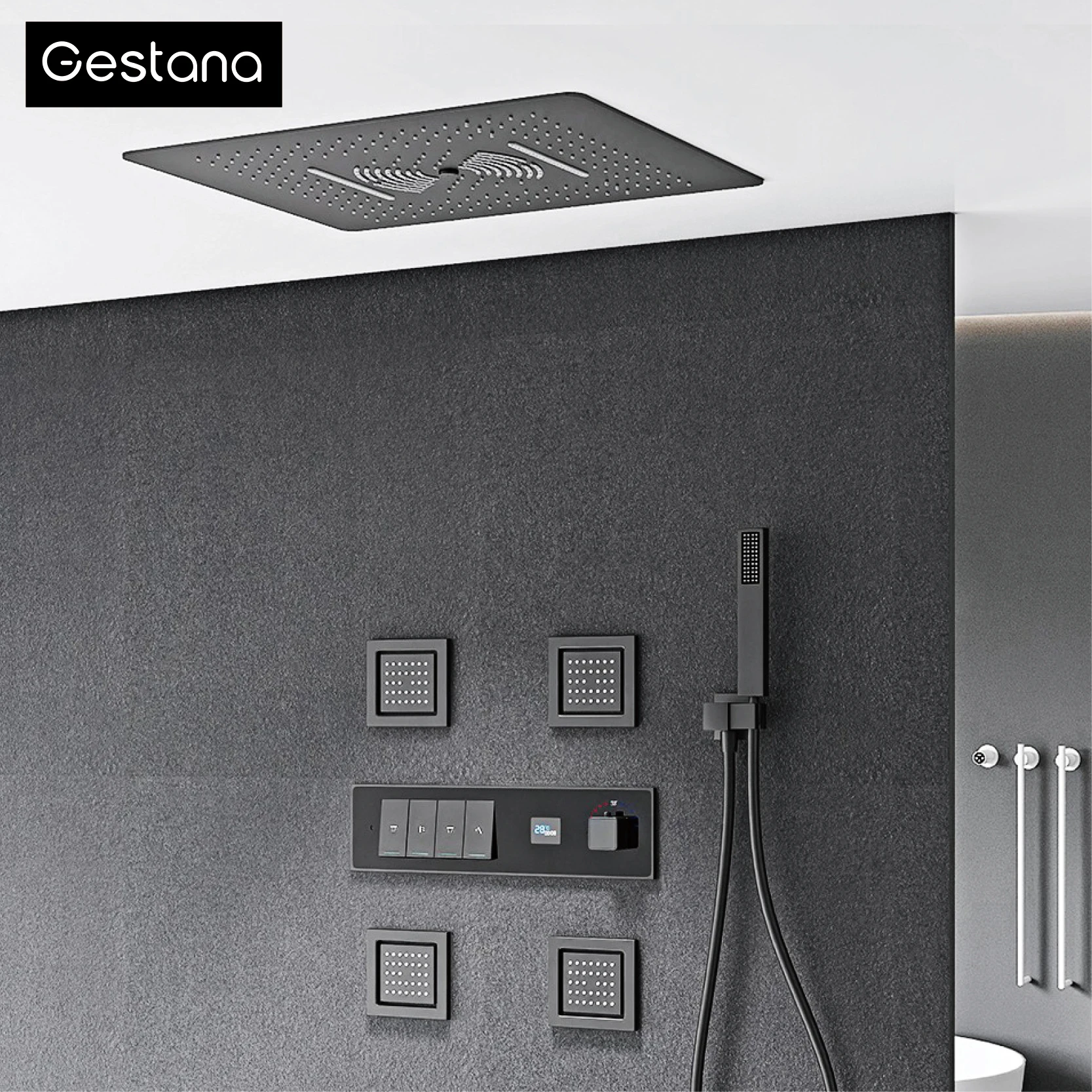 Gun Gray Brass Luxury LED Digital Display Constant Temperature Shower System Embedded Ceiling Hot and Cold Water Bathroom Mixer