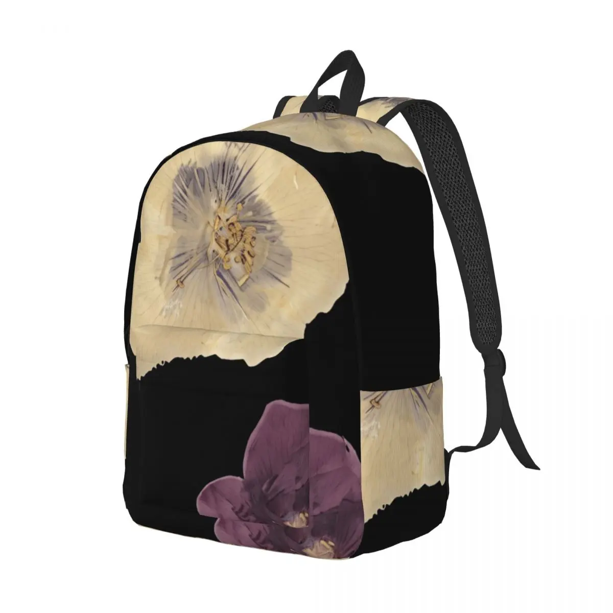 Student Bookbag Center Pressed Flower Botanical Graphic Solid Black Multi Color Edgy Daypack for School Work Weekend Outfit Kids