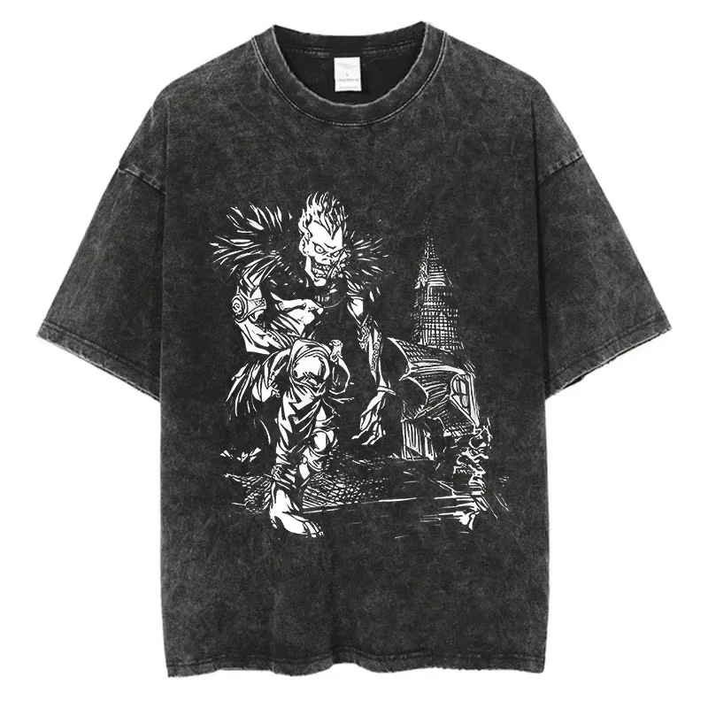 Mode Streetwear Unisex Top T-Shirt Harajuku Vintage Washed T-Shirts Death Note Anime Grafik-Druck Shirt Übergroße Baumwolle – Detail 19
