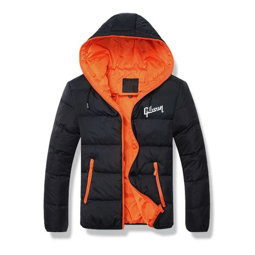 2023 New Men Gibson Printing Fashion Winter Zipper Hoodie Tops Cotton Down Jacket Sweatshirts Padded Slim Casual Warmer Man Coat