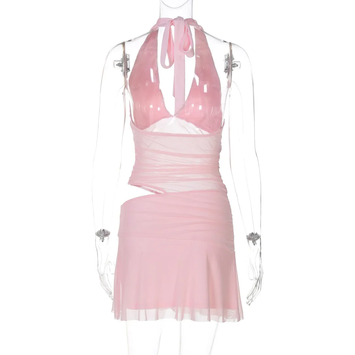 Women Sexy Deep V-neck Lace Up Halter Sheer Mesh Patchwork Hollow Out Ruched Mini Dress Backless Bodycon Holiday Outfit Clubwear