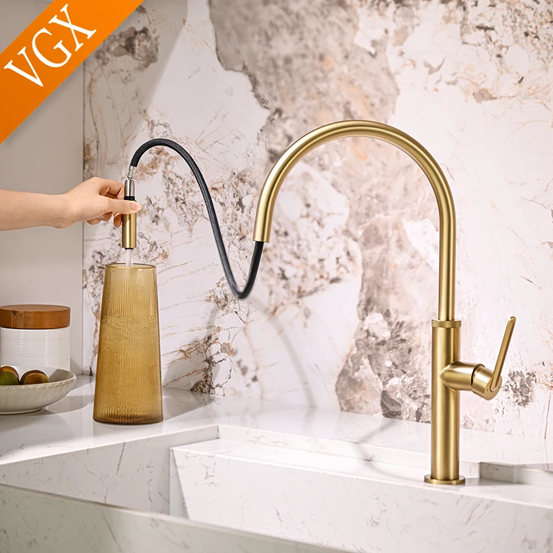 VGX Gold Kitchen Faucet Stainless Steel Sink Faucets Pull Out Stream Sprayer Tap Brushed Rotatable Kitchen Mixer Water Tap Crane