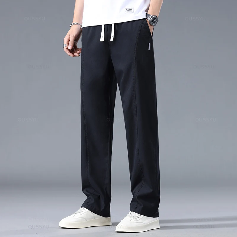 Summer Thin Soft Lyocell Fabric Men's Casual Pants Loose Wide Leg Elastic Waist Grey Work Casual Trousers Male Plus Size M-5XL