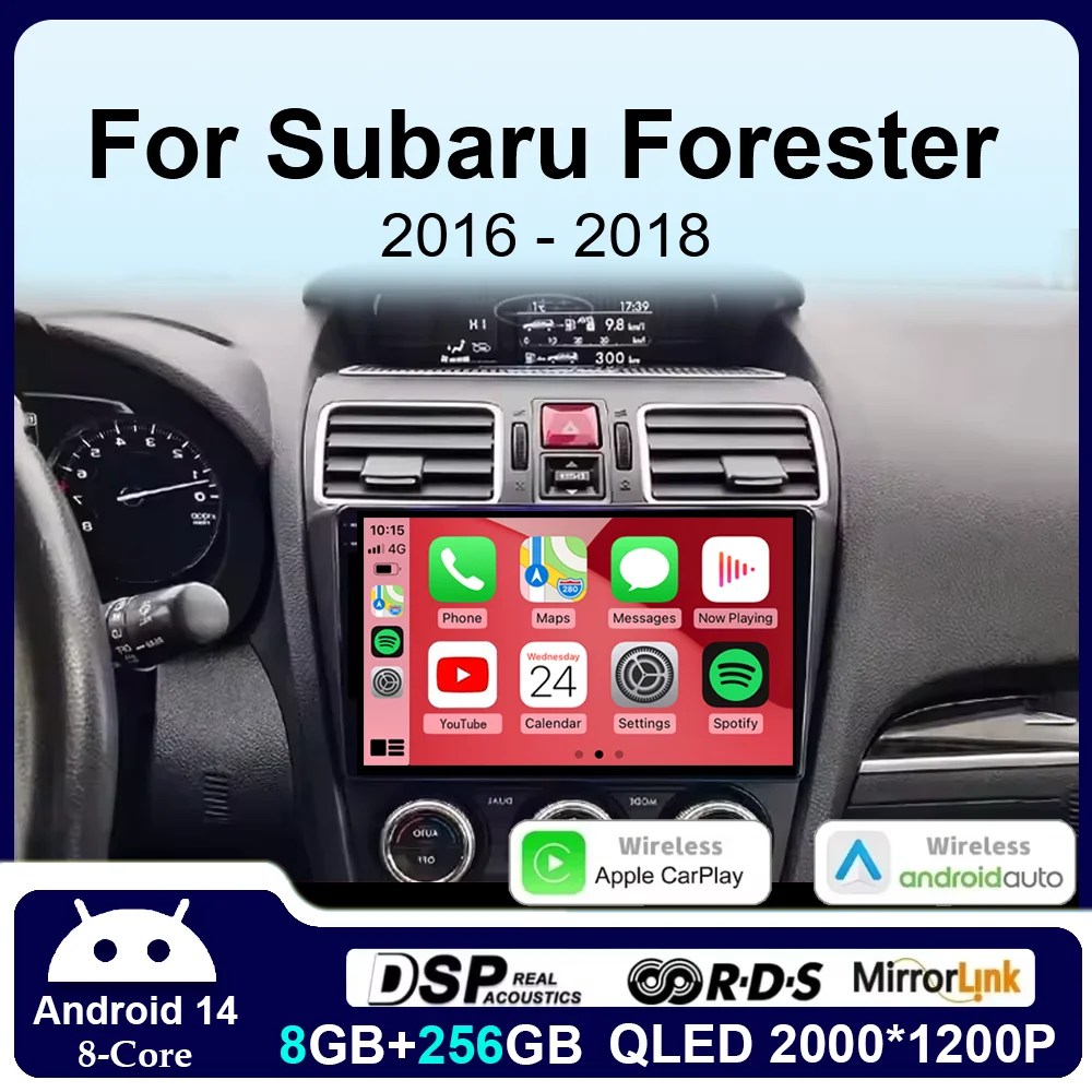 

Для Subaru Forester 4 SJ 2016-2018 Автомобильный радиоприемник Мультимедийный видеоплеер Навигация GPS Carplay Android 14 Авторадио QLED Экран