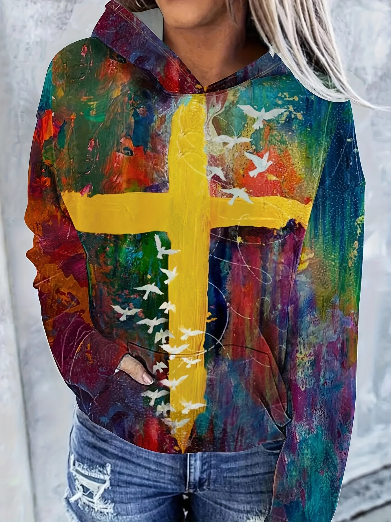 Feminino retro impresso em torno do pescoço pulôver moletom casual moda ocidental estilo étnico moletom com capuz