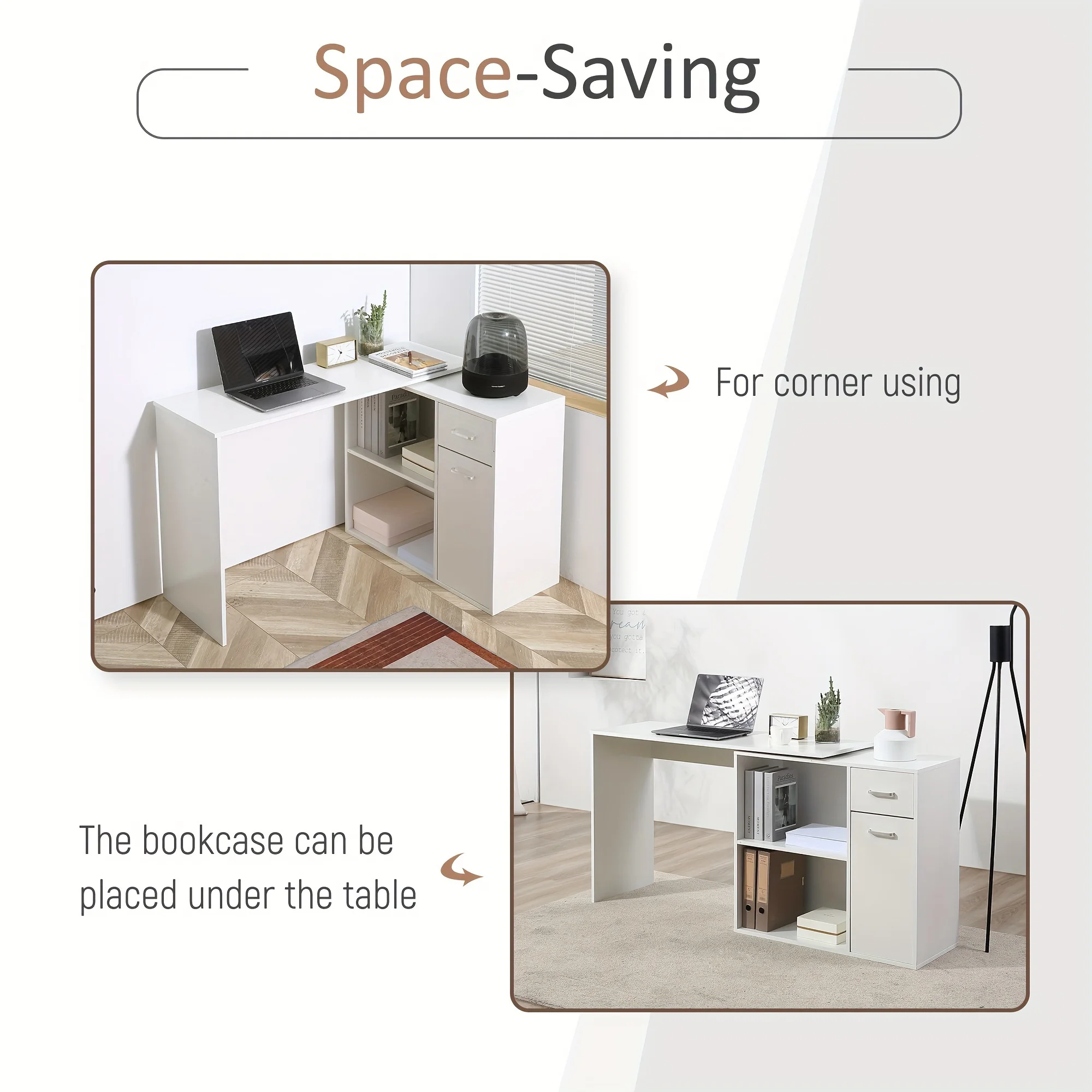 L Shaped Computer Desk, 180° Rotating Corner Desk with Storage Shelves, Drawer and Cabinet, Study Workstation for Home Office