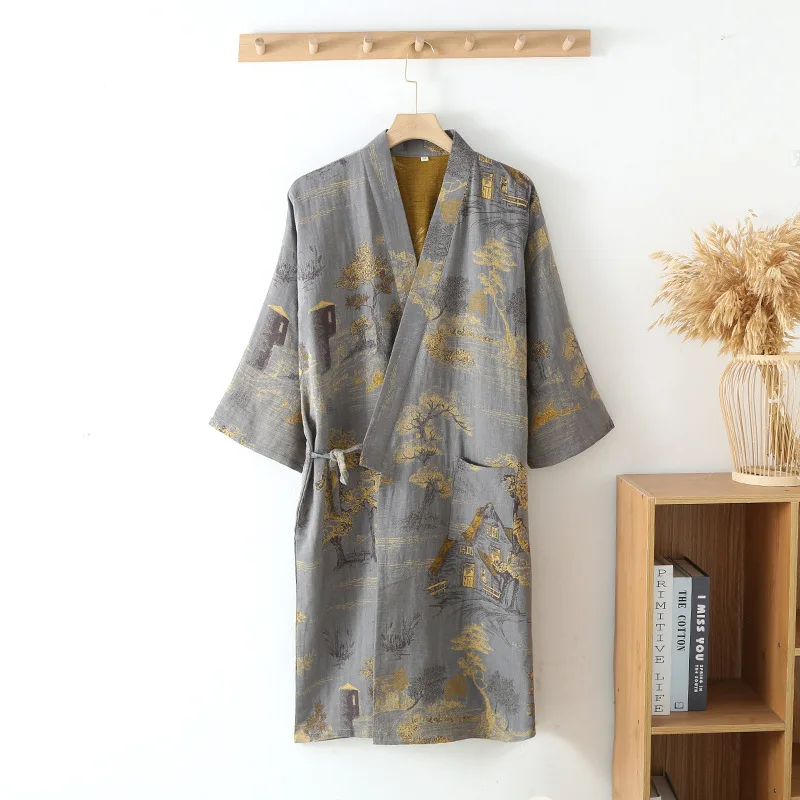 Kimono Robe Cotton Pajamas Spring Summer Loose Double Layer Gauze Men\'s Bathrobe Floral Print Sleepwear Lounge Gown