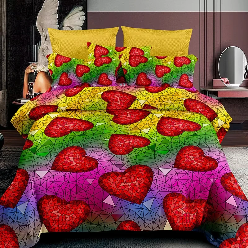 Romantic Love Hearts Bedding Set Twin Queen Girly Kawaii Comforter Cover Cartoon Cute Hearts Duvet Cover Girls Women Room Decor