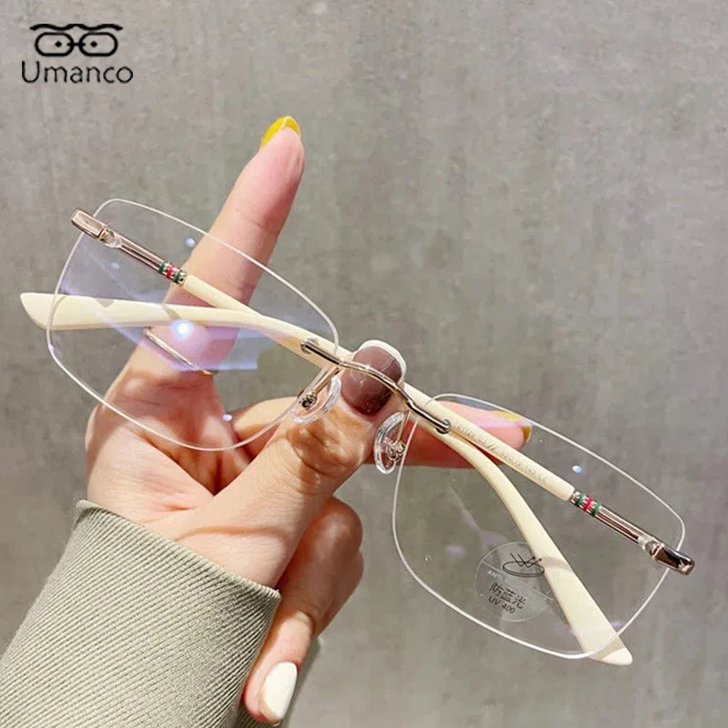 Umanco Rectangle Rimless Myopia Glasses for Women Men Classic Trendy Sqaure Anti Blue Light Finished Prescription Glasses 0 -1.0