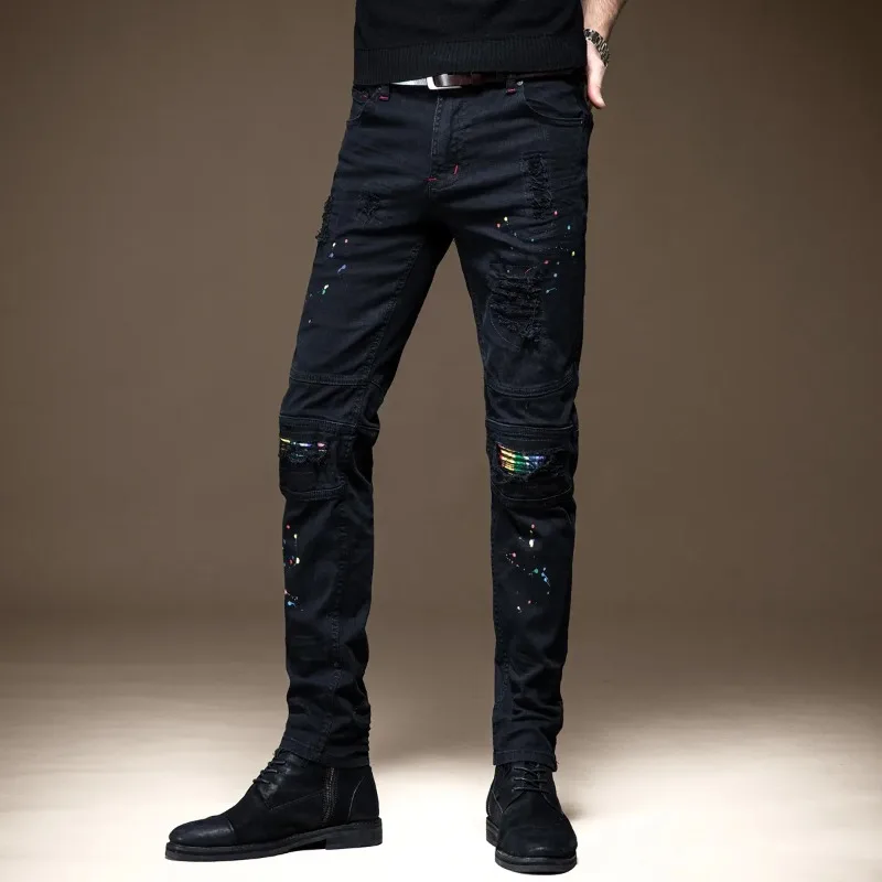 メンズ テーパード リップド ダメージジーンズ ボーンドマン カウボーイパンツ 日本風 ストリート系 レギュラー ハイグレード ソフト XS