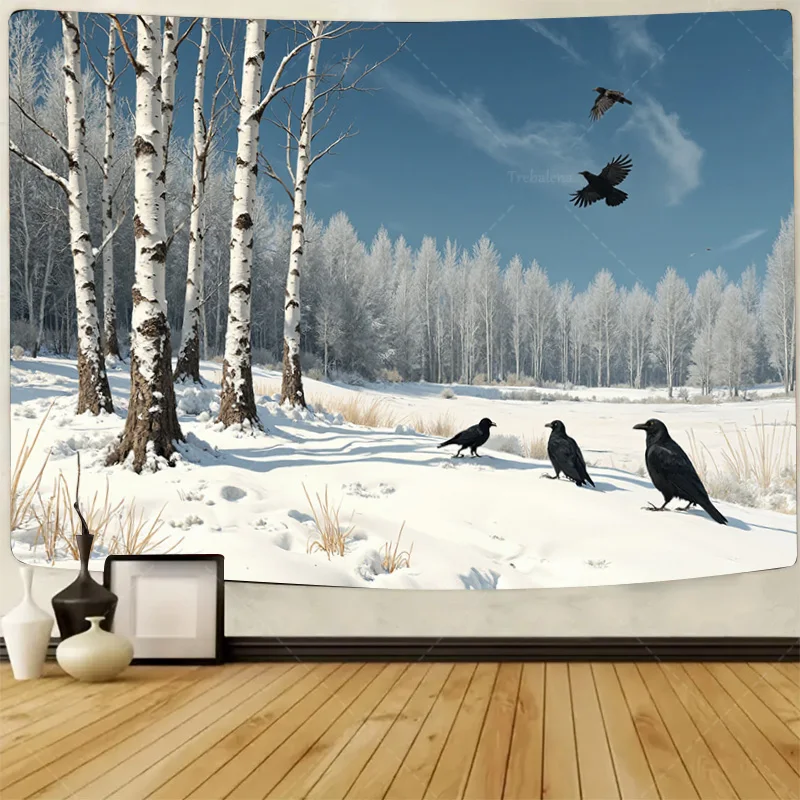 

1pc Wall Tapestry "Winter Wonderland Birch Trees & Crows Snowy Forest Landscape Wall Tapestry"