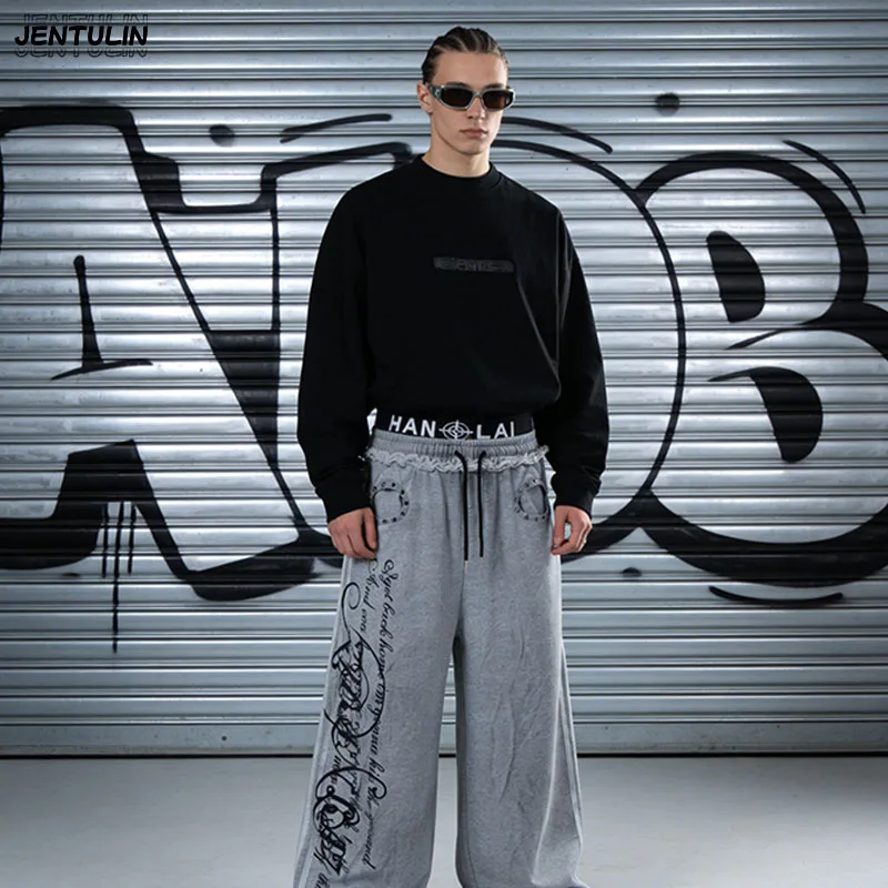 Street Retro Men Y2k Double Waist Pants Retro Aesthetics Washed Wide Leg Sanitary Pants Printed High Street Casual Hip Hop Pants