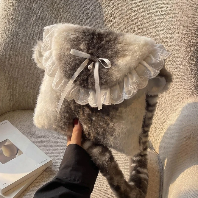 New Niche Girl Cute Shoulder Bag Bow Lace Border Dot Faux Fur Crossbody Bag Large Capacity Casual Versatile Phone Bag